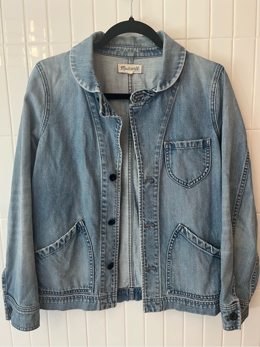 Madewell Denim Chore Jacket Light Wash Collarless Shirttail Back Cotton Lyocell